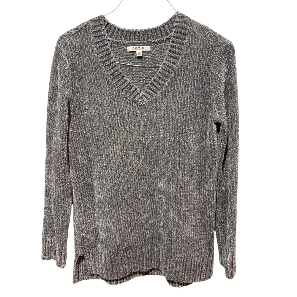 Orvis Women Gray Marled Chenille V-Neck Sweater Long Sleeve Ribbed Knit Top S